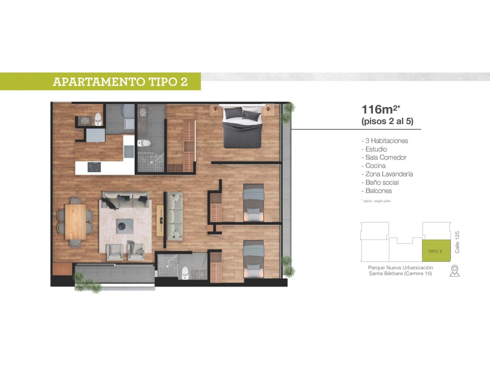 Santa Barbara Piso 2: Amplio apartamento de 3 habitaciones, TIPO 2.