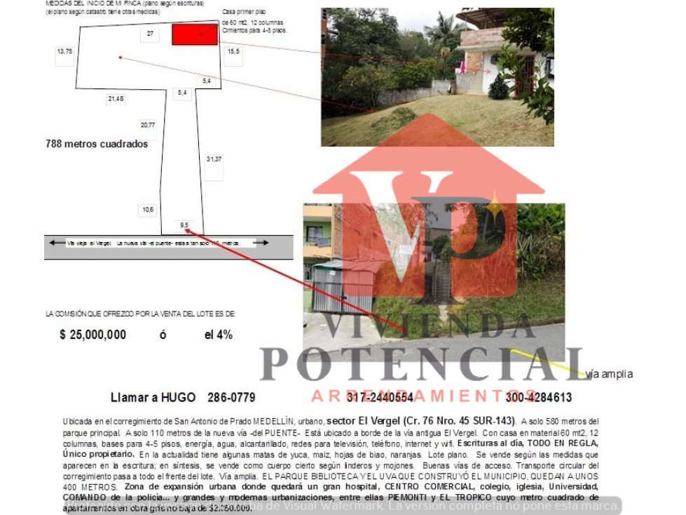 VENTA DE LOTE EN SAN ANTONIO DE PRADO 788 METROS