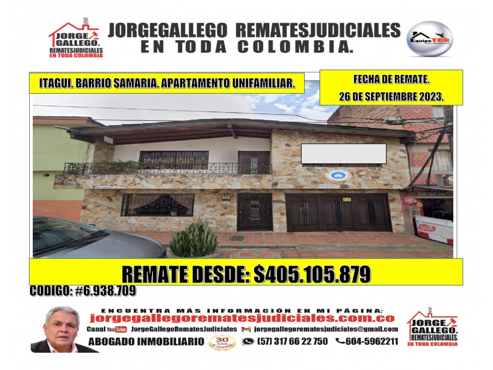 Remate. Itagui. Barrio Samaria. Apartamento unifamiliar.