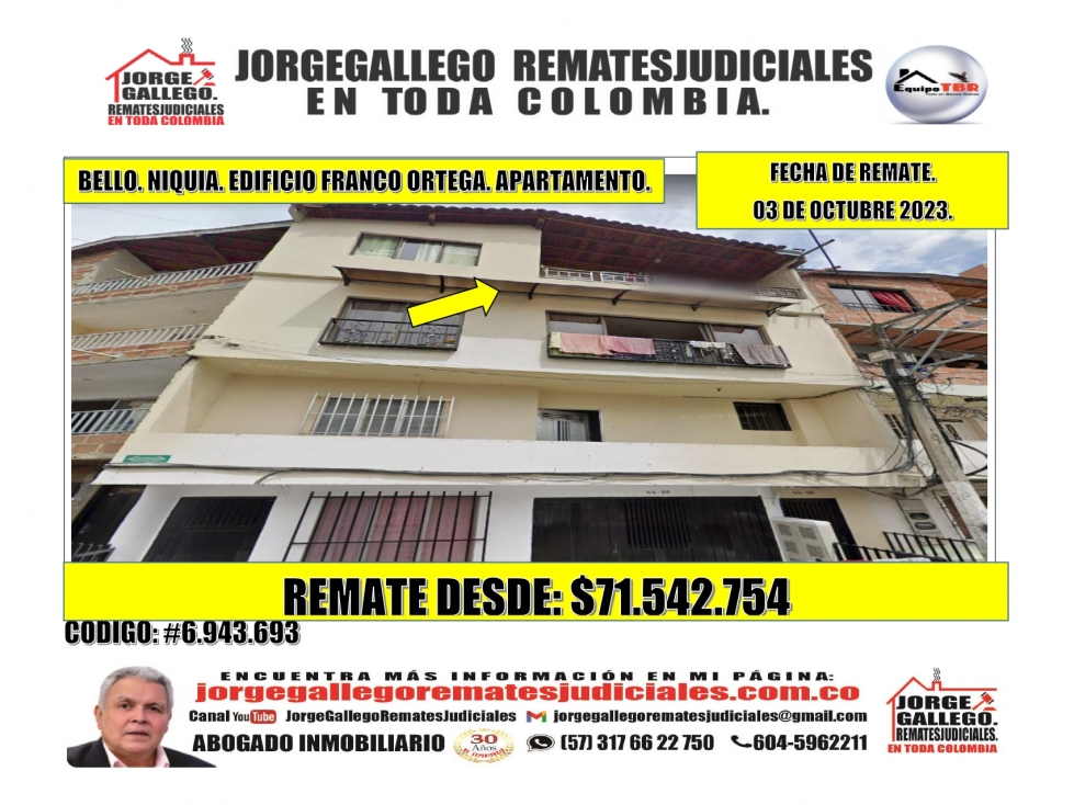 Remate. Bello. Niquia. Edificio Franco Ortega. Apartamento